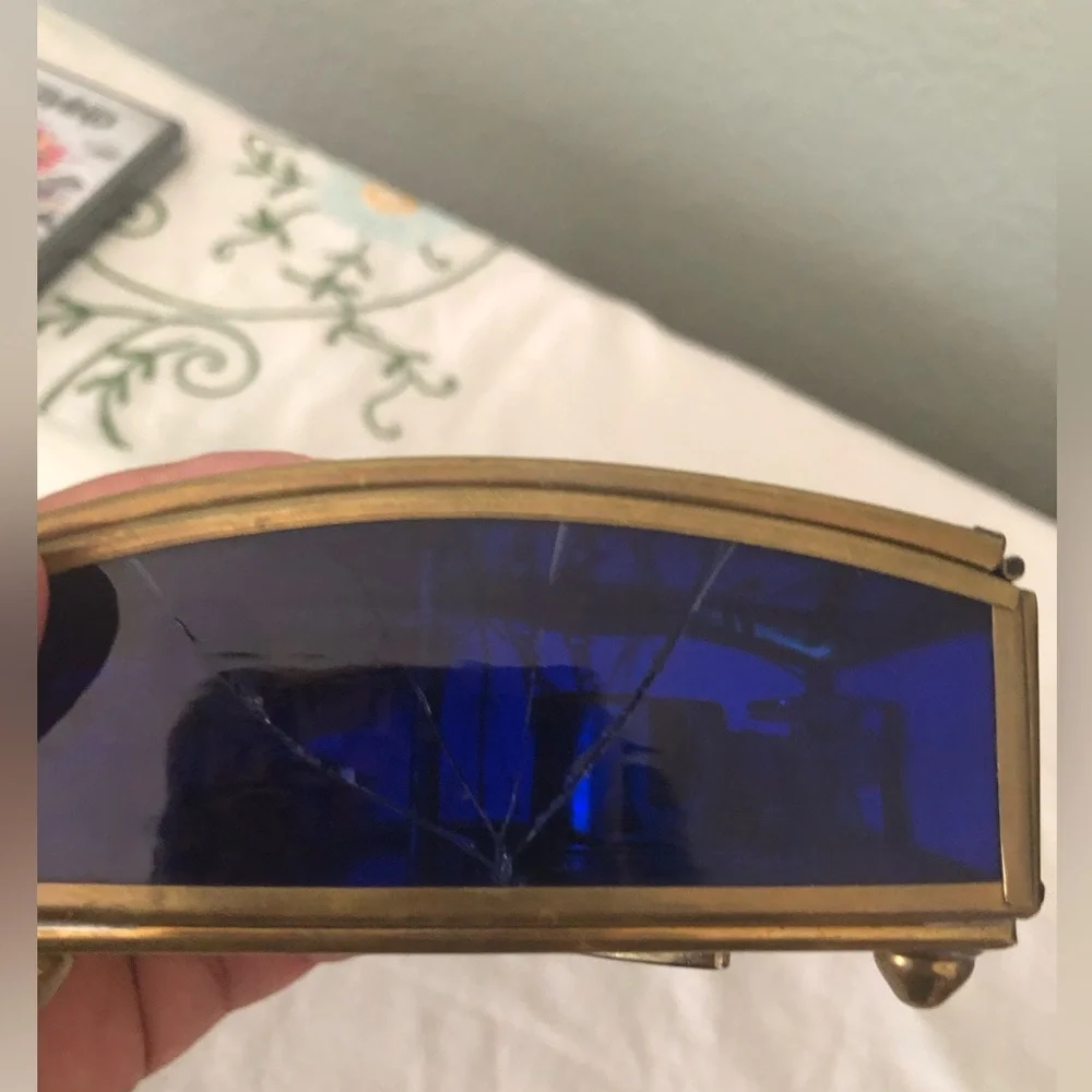 Vtg Enesco angel on moon Musical Wind Jewerly Trinket Brass Mirror Glass Box